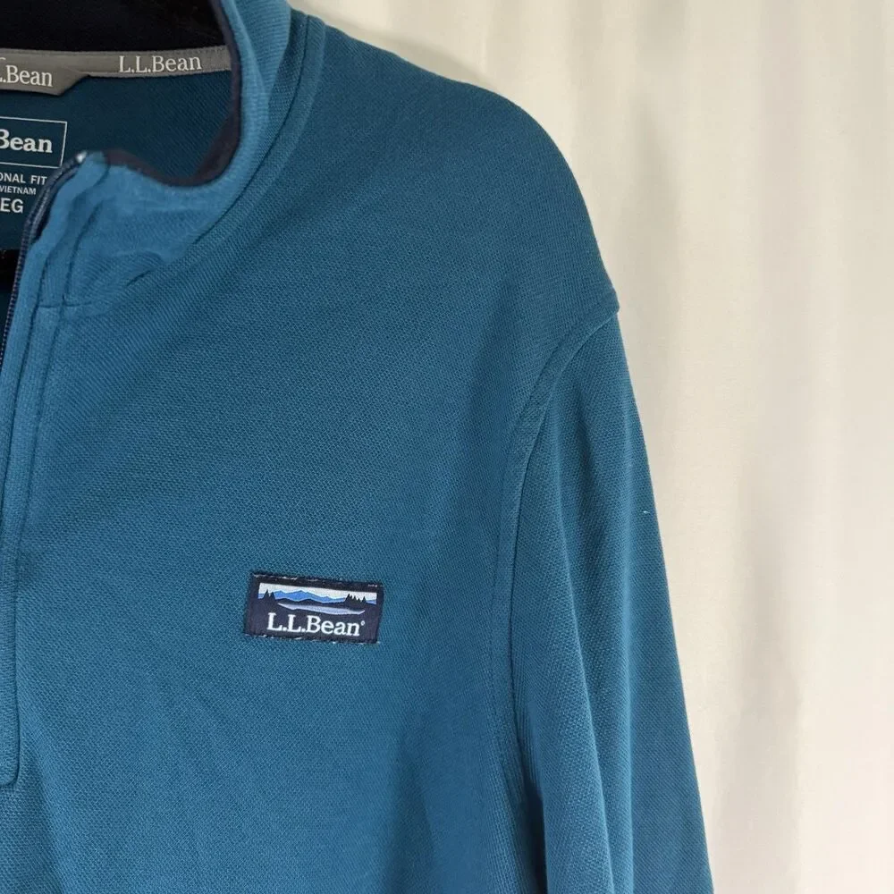 LL Bean Sweater Men's Large Teal 1/4 Zip Turtleneck Traditional Fit Cotton Blend